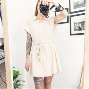 Beige short sleeve button down tie waist dress